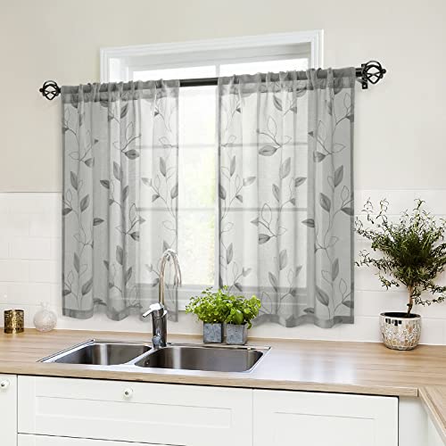 Grey Kitchen Sheer Tier Curtains Leaf Embroidered (30"W x 36"L (Pack of 2) / 3-grey)