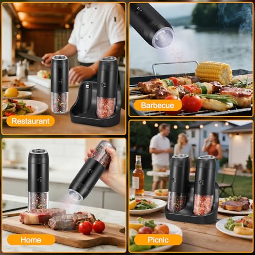 Rechargeable Gravity Electric Salt Grinder Set (Black with Charging Base)