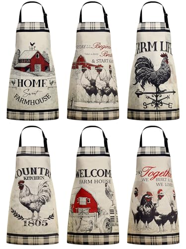 6 Pcs Rooster Aprons for Women with Pockets (Beige / Black and Red Farm Rooster)