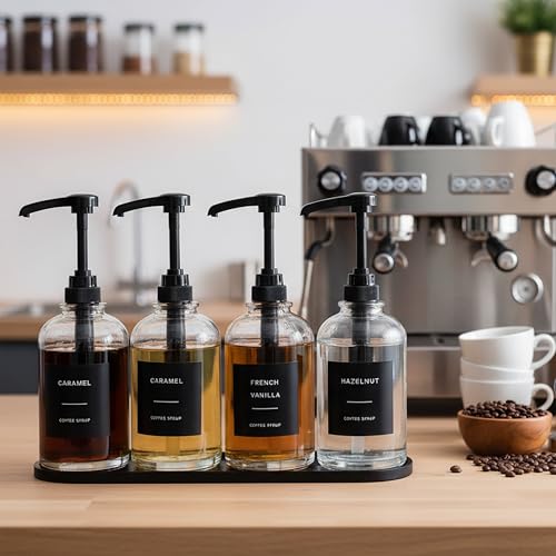 Coffee Syrup Dispenser (Set of 4 / Black With Tray)