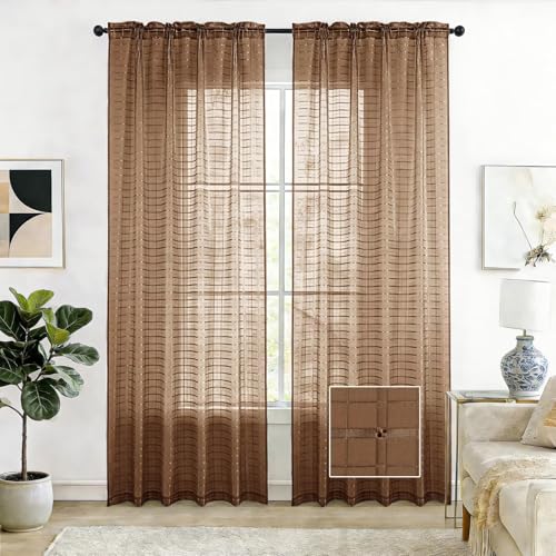 Check Sheer Curtains 108 Inches Long for Living Room (Check - Brown / 52"W x 108"L (Pack of 2))