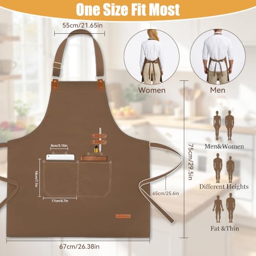 Chef Apron for Men Women with Pockets Adjustable Neck Strap (Brown)