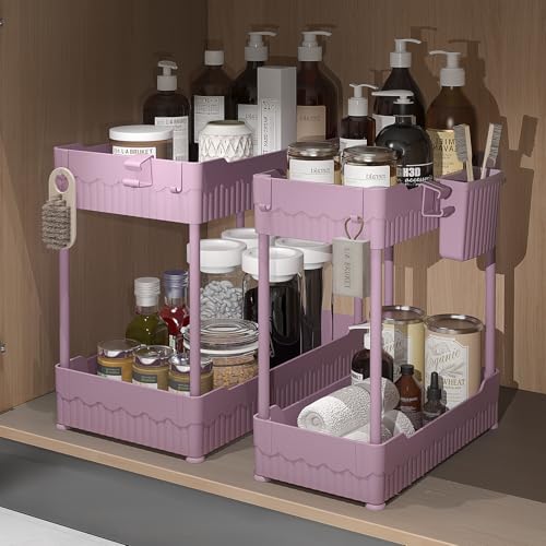2 Pack Under Sink Organizer with Hooks & Hanging Cup for Kitchen (Pink / 12.8 Inch)