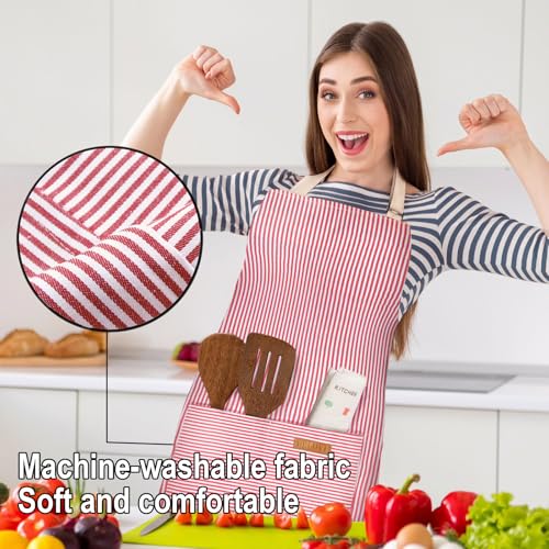 Adjustable Bib Apron with 2 Pockets Chef Cooking Kitchen Restaurant Aprons for Women Men (Red Pinstripes)