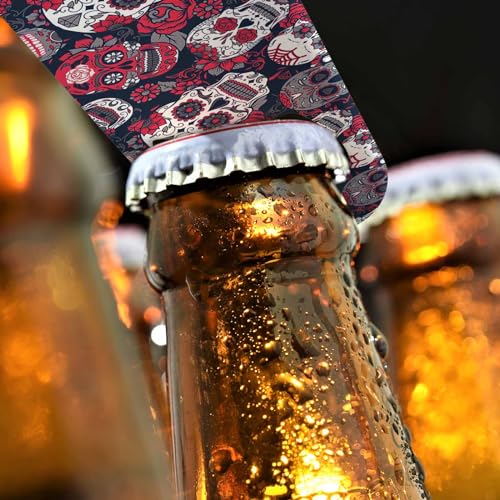 Skull and Flowers Stainless Steel Bottle Opener Day of The Dead Skull Red Peony Rock Roll Fashion Style Flat Beer Bottle Opener Keychain for Home Kitchen Bar Restaurant Party Birthday Gift (Skull and Flowers)