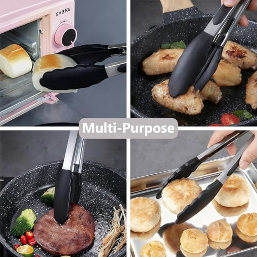 Kitchen Silicone Tongs for Cooking with Nonslip Silicone Tips (Black / 3Pcs, 7+9+12 Inch)