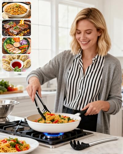 Spaghetti Spoon and Pasta Tong with Grip Teeth and Drain Holes (Black)