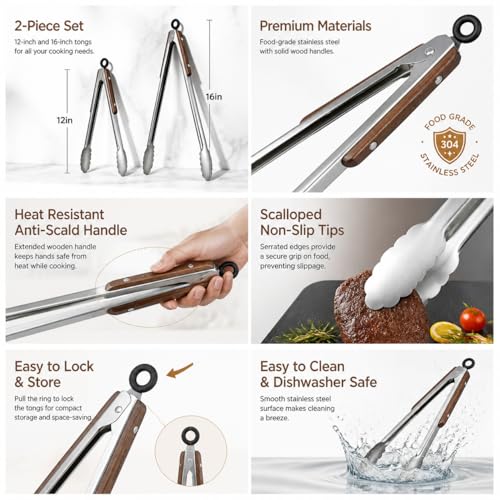 12 &17 inch Stainless Steel Kitchen Tongs for cooking with Walnut Wood Handle