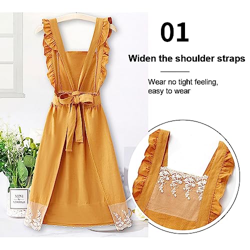 Cute Cotton Apron Frilly Lace Ruffle Adjustable Pinafore Apron Dress with Pockets for Cooking Baking Cleaning Gardening (Yellow)