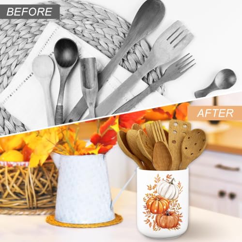 Fall Ceramic Utensil Holder Watercolor Pumpkin Leaves Utensil Crock for Autumn Harvest Thanksgiving Home Kitchen Countertop Storage Organizer Container