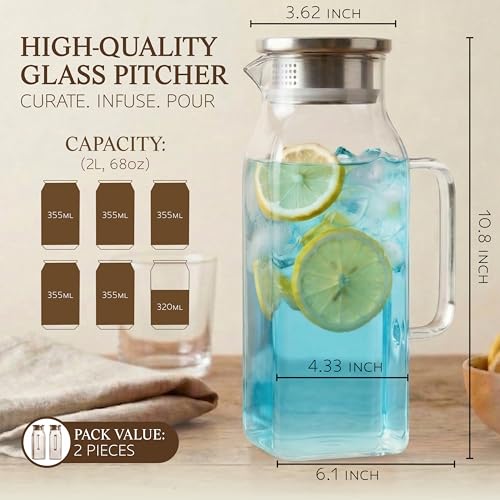 2 Pack Square Glass Pitcher with Lid and Handle