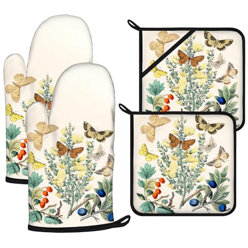 Wildflowers Butterfly Oven Mitts and Pot Holders Sets 4Pcs (Wildflowers Butterfly)