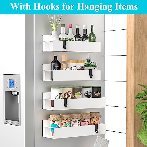Metal Magnetic Spice Rack for Refrigerator with Hooks White (4 Pack / White)