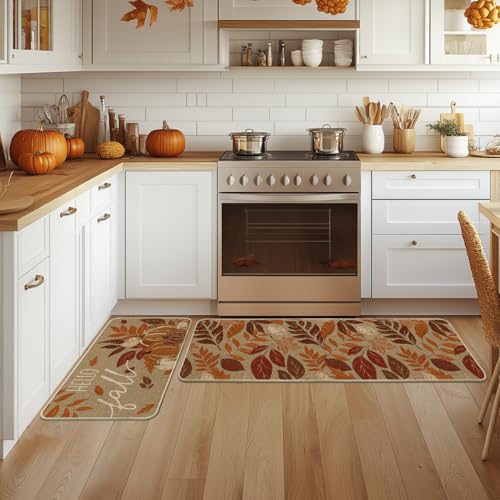 Vintage Pumpkin Fall Kitchen Mats Set of 2 (17" x 29" /17" x 47" / Orange)