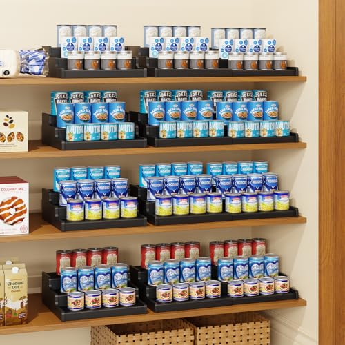 3 Tier Expandable Bamboo Can Organizer for Pantry (12.4"-24"W × 10.8"D × 4.5"H / Black)