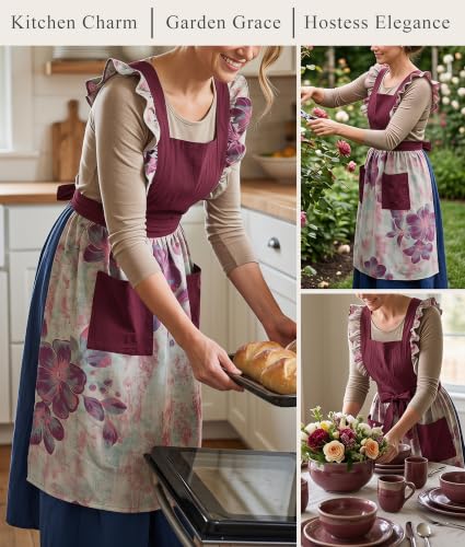 Vintage Aprons for Women with Pockets Cute Pinafore Apron Dress for Kitchen Cooking Baking Gardening (Ruffle Dark Red)
