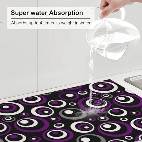 Purple Black White Geometric Circle Pattern Dish Drying Mat for Kitchen Counter (Circles-Purple-White-Black / 18" x 24")