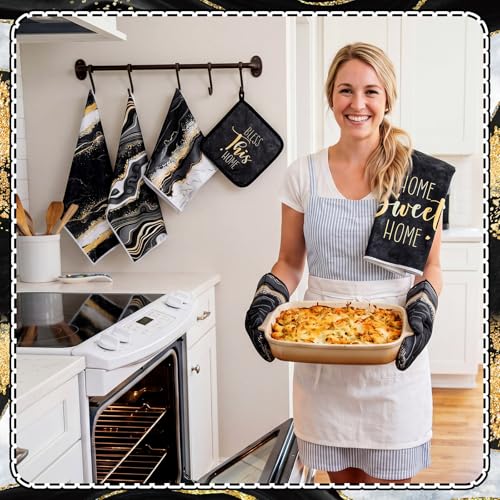 12 Pcs Marble Kitchen Decor and Accessories Sets 4 Black and Gold Marble Kitchen Towels 4 Farmhouse Absorbent Dishcloths 2 Pot Holders 2 Oven Mitts Gloves for Home Decor Mom Gifts (Black Gold / Marble Pattern)
