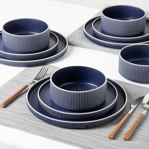 Stoneware Dinnerware Sets for 4 (Matte Blue / 4-Set(12pcs))