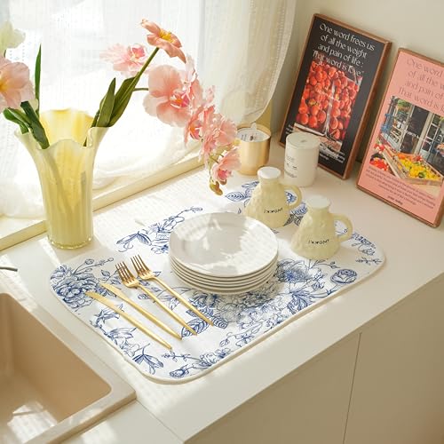 Chinoiserie Floral Dish Drying Mat 18 x 24 inch Vintage Blue Flower Decorative Drying Mats Microfiber Absorbent Dish Washable Draining Mat for Kitchen Counter Decor (18" x 18" / Chinoiserie)