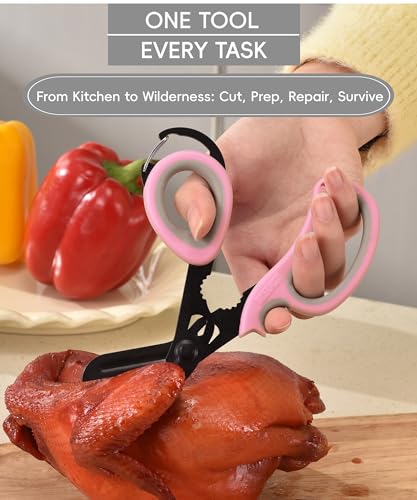 All Purpose Scissors 2 Packs with Carabiner for Kitchen Outdoor (Pastel Pink+pastel Pink)
