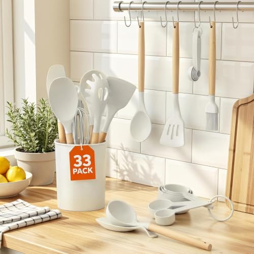 33Pcs Kitchen Utensils Set Silicone Cooking Utensils Set with Wooden Handle (White)