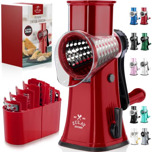 Rotary Cheese Grater Manual Hand Crank 5 Blade Shredder (5 Blades / Red)