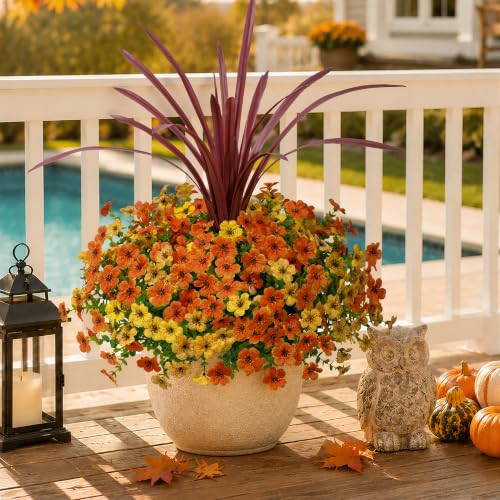 Artificial Fall Flowers Faux Mums for Outdoor Indoor Garden Home Decoration (Orangeyellow)