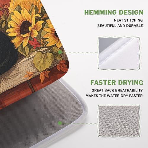 Fall Dish Drying Mat for Kitchen Counter Vintage Autumn Cat Sunflower Pumpkin Microfiber Dish Drainer Mat Rustic Farmhouse Absorbent Washable Drying Pad Extra Large 16"x18" (Fall Cat / 18" x 16")