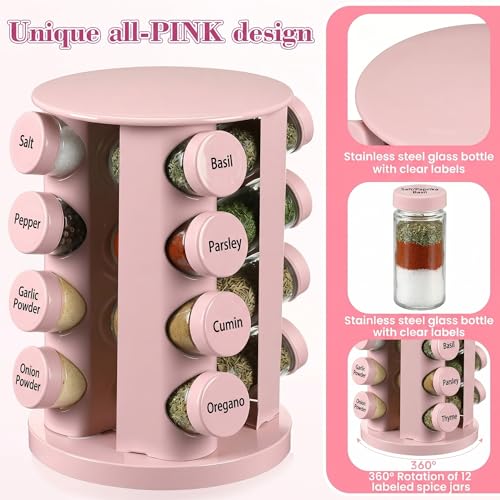 Pink Rotating Spice Rack with 16 Empty Jars and Labels (Pink)