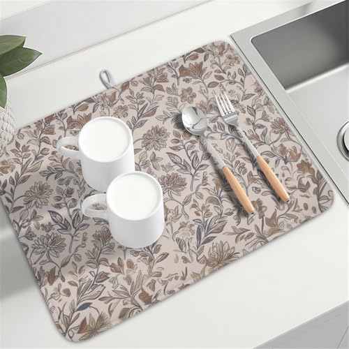 Vintage Floral Dish Drying Mat for Kitchen Counter Brown Antique Flower Microfiber Dish Drainer Mat Rustic Neutral Absorbent Washable Drying Pad Extra Large 18"x24" (Vintage Floral / 24" x 18")