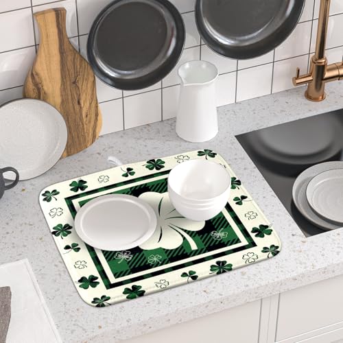 Patrick Clovers Dish Drying Mat 16"x18" Lucky Shamrock Spring Leaf Dish Drainer Mats Green Black Buffalo Plaids Absorbent Microfiber Dish Drying Pad for Kitchen Countertop Small Decor (18" x 16")