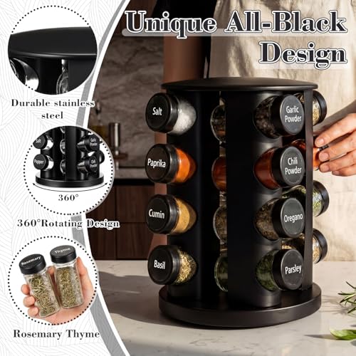 Black Rotating Spice Rack with 16 Empty Jars and Labels (Black)