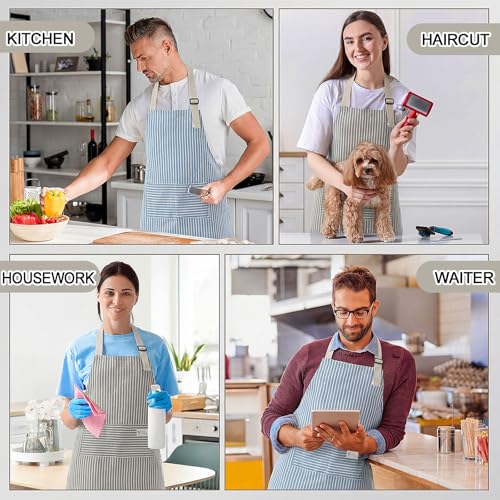 24 Pcs Aprons for Women Men with 2 Pockets Linen Cooking Kitchen Apron Adjustable Bib Chef Apron Bulk Aprons Unisex (Blue, Gray / Thin Stripes)
