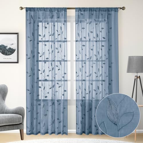 Stone Blue Sheer Curtains Floral Embroidered (52"W x 96"L (Pack of 2) / Stone Blue)