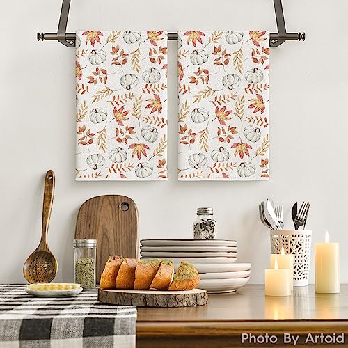 Orange Leaves Pumpkins Fall Kitchen Towels Set of 4 18x26 Inch (Orange)
