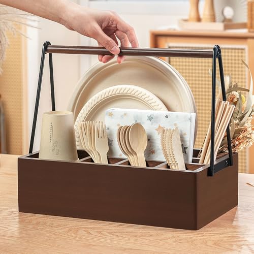 Silverware Caddy with Handle Acacia Wood Utensil Holder Paper Plate Holder (Acacia Wood)