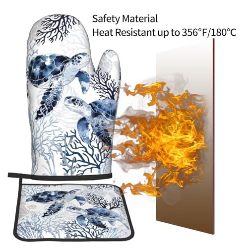 Coastal Oven Mitts and Pot Holders Sets of 2 Summer Kitchen Mitts Blue Sea Turtle Hot Pads for Cooking Baking Grilling (Navy Blue Coastal)