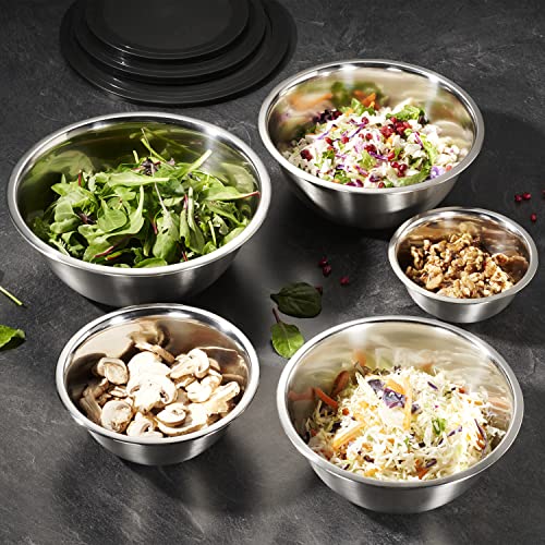 10 Piece Stainless Steel Mixing Bowl Set with Lids for Food Prep & Storage (Silver Bowls - With Black Lids)