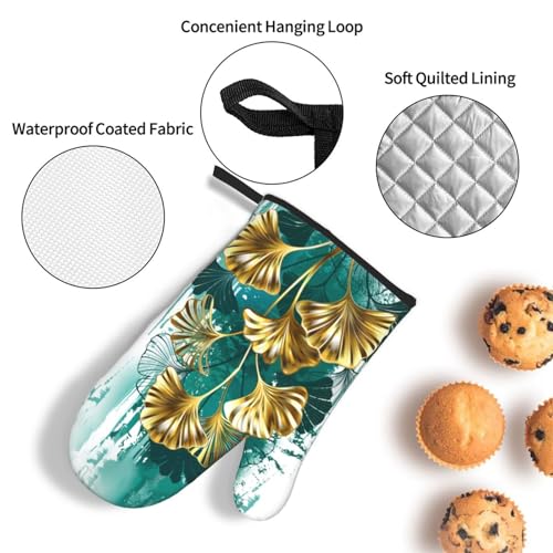 Teal Gold Green Leaves Oven Mitts and Pot Holders Set of 3 (Green Leaves)