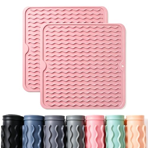 2 Pack Caketime Silicone Dish Drying Mat for Kitchen Counter Cooking Baking Liners Drawer Storage Refrigerator Espresso Machine Station Utensil Holder Washer Trivets Oven Grill Gifts 12"x12" Pink (Pink / 12"*12")
