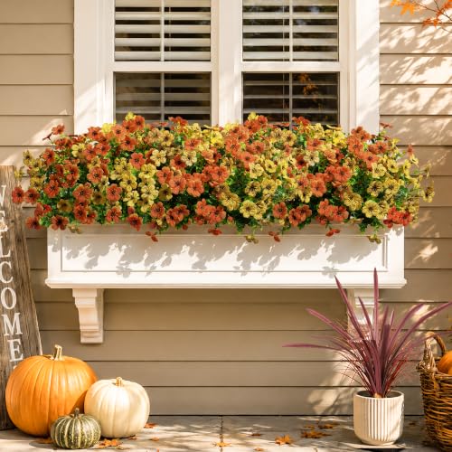 Artificial Fall Flowers Faux Mums for Outdoor Indoor Garden Home Decoration (Orangeyellow)