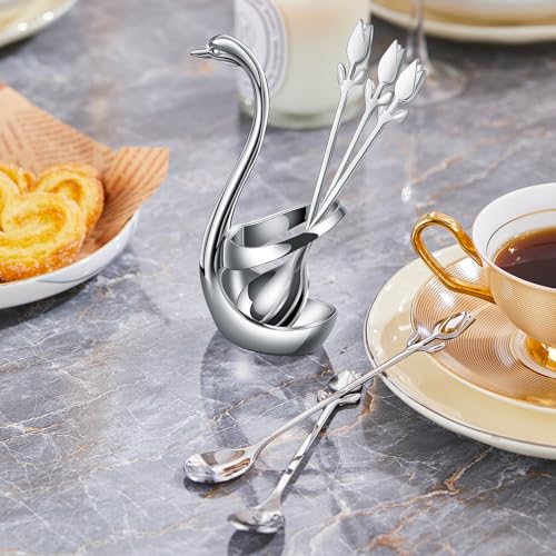 Silver Swan Base With 12 Pcs Coffee Spoon Holder Set (Silver Swan Set)