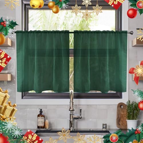 Solid Sheer Rod Pocket Curtain Voile Draperies 2 Panels White Beige Black Ivory Grey 26 Inch Width 24 Inch Long 1 Pair for Kitchen Bedroom Children Living Room Yard (Foliage Green / 26"W x 24"L (Pack of 2))