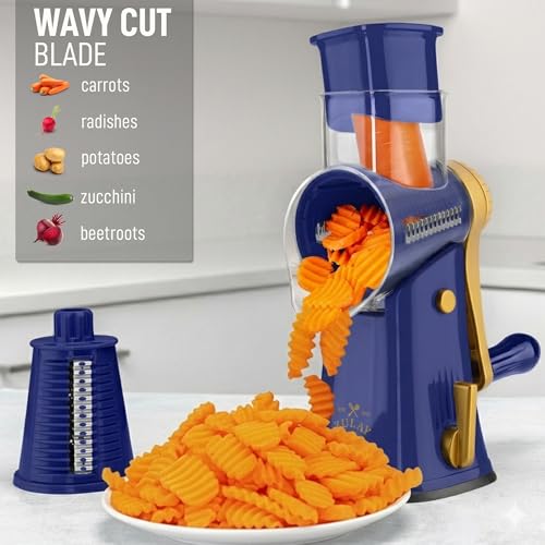 Rotary Cheese Grater Manual Hand Crank 5 Blade Shredder (5 Blades / Blue and Gold)