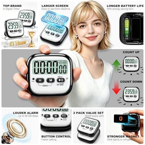 2 Pack Magnetic Kitchen Timers for Cooking (Digital Timer 2 Pack - Black)