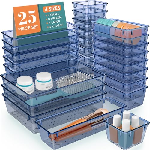 25 PCS Plastic Drawer Organizer Set (Clear Dark Blue)