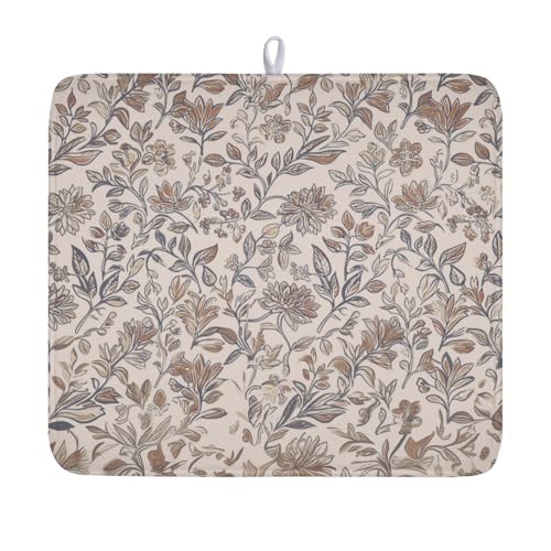 Vintage Floral Dish Drying Mat for Kitchen Counter Brown Antique Flower Microfiber Dish Drainer Mat Rustic Neutral Absorbent Washable Drying Pad 16"x18" (Vintage Floral / 18" x 16")