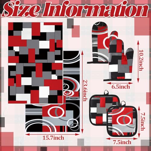 6 Pcs Kitchen Decor Set Accessorie Farmhouse Kitchen Towels Pot Holders Oven Mitts Set 2 Dish Towels 2 Pot Holders 2 Cooking Mittens Oven Glove for Cooking (Red and Black / Geometric)