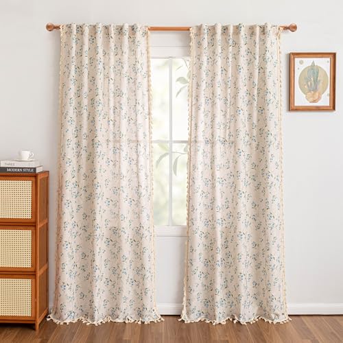 Blue Floral Farmhouse Semi Sheer Curtains 84 Inches Long Linen Blend Boho Vintage Light Filtering Privacy Rustic Country Drapes with Tassel Back Tab for Living (Blue / 50"W x 84"L (Pack of 2))